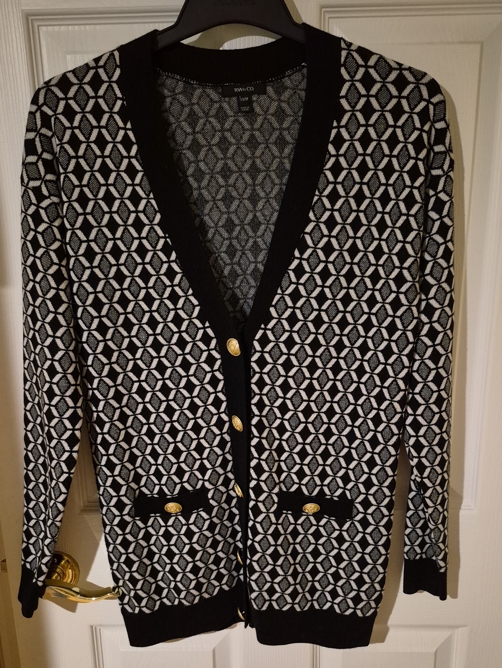 RW&CO. Black and White Geometric Cardigan with Gold Buttons Suze Xsmall